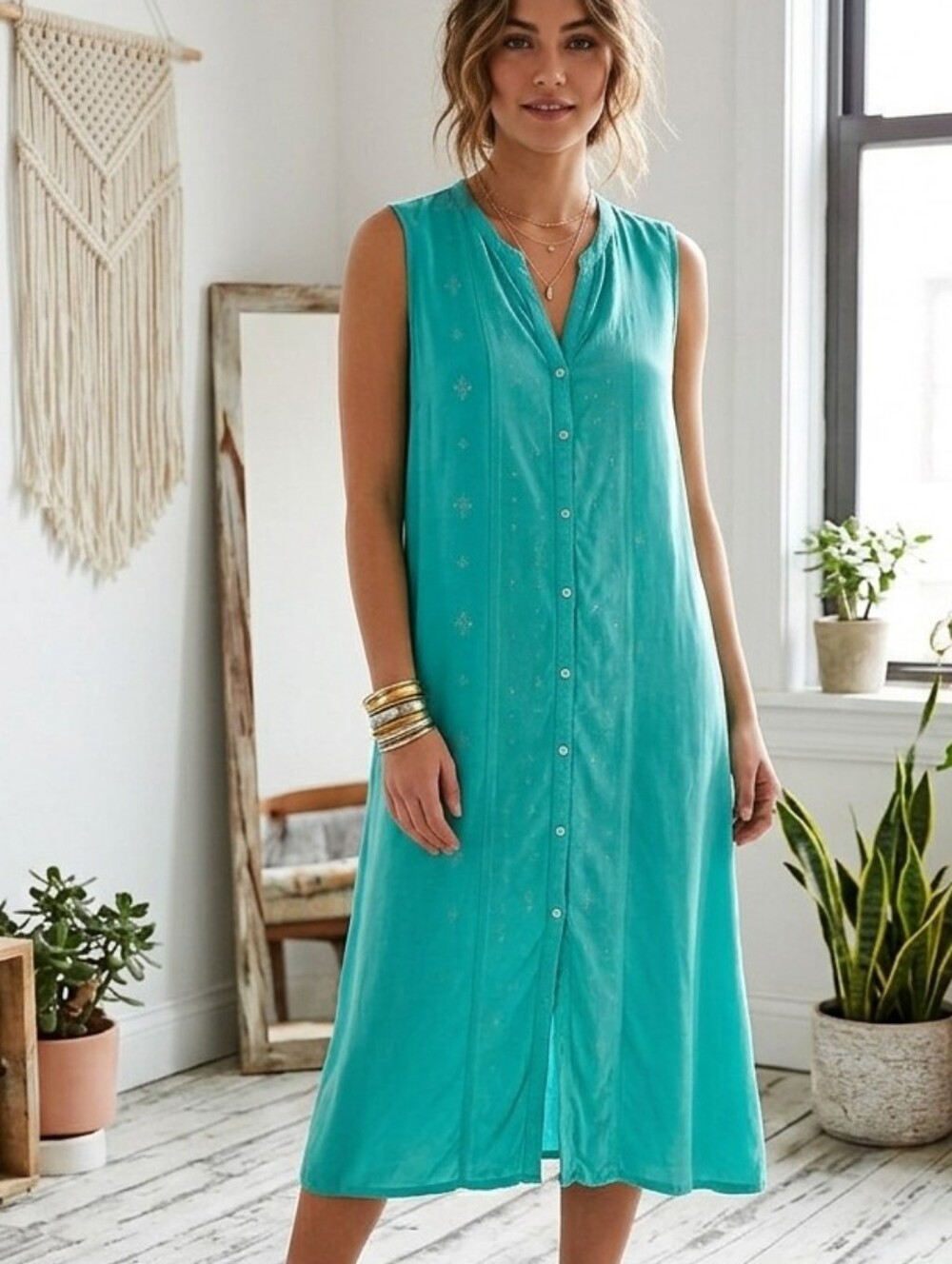 Sleeveless Teal Button-Down Tunic Dress with Silver Detailing